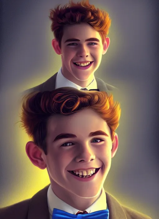 Image similar to portrait of teenage archie andrews, freckles, curly middle part haircut, curly hair, middle part hairstyle, smiling kindly, wearing a bowtie and sweater vest, intricate, elegant, glowing lights, highly detailed, digital painting, artstation, concept art, smooth, sharp focus, illustration, art by wlop, mars ravelo and greg rutkowski