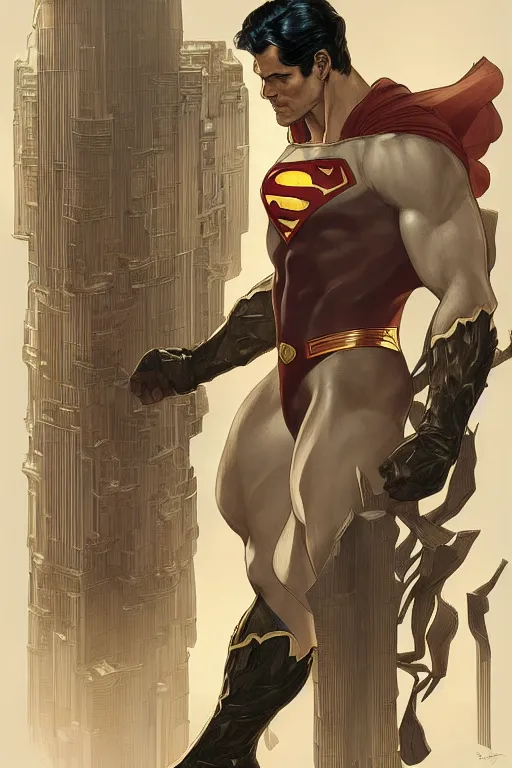 Prompt: portrait of superman, urban center, thinker pose, full body, powerful, fantasy, intricate, elegant, highly detailed, digital painting, artstation, concept art, sharp focus, illustration, art by artgerm and greg rutkowski and alphonse mucha