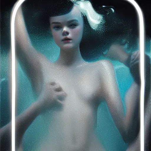 Image similar to silhouette of a Elle Fanning underwater in a pool, pitch black room, extremely detailed masterpiece, oil on canvas, low-key neon lighting, artstation, Blade Runner 2049, Roger Deakin’s cinematography, by J. C. Leyendecker and Peter Paul Rubens,