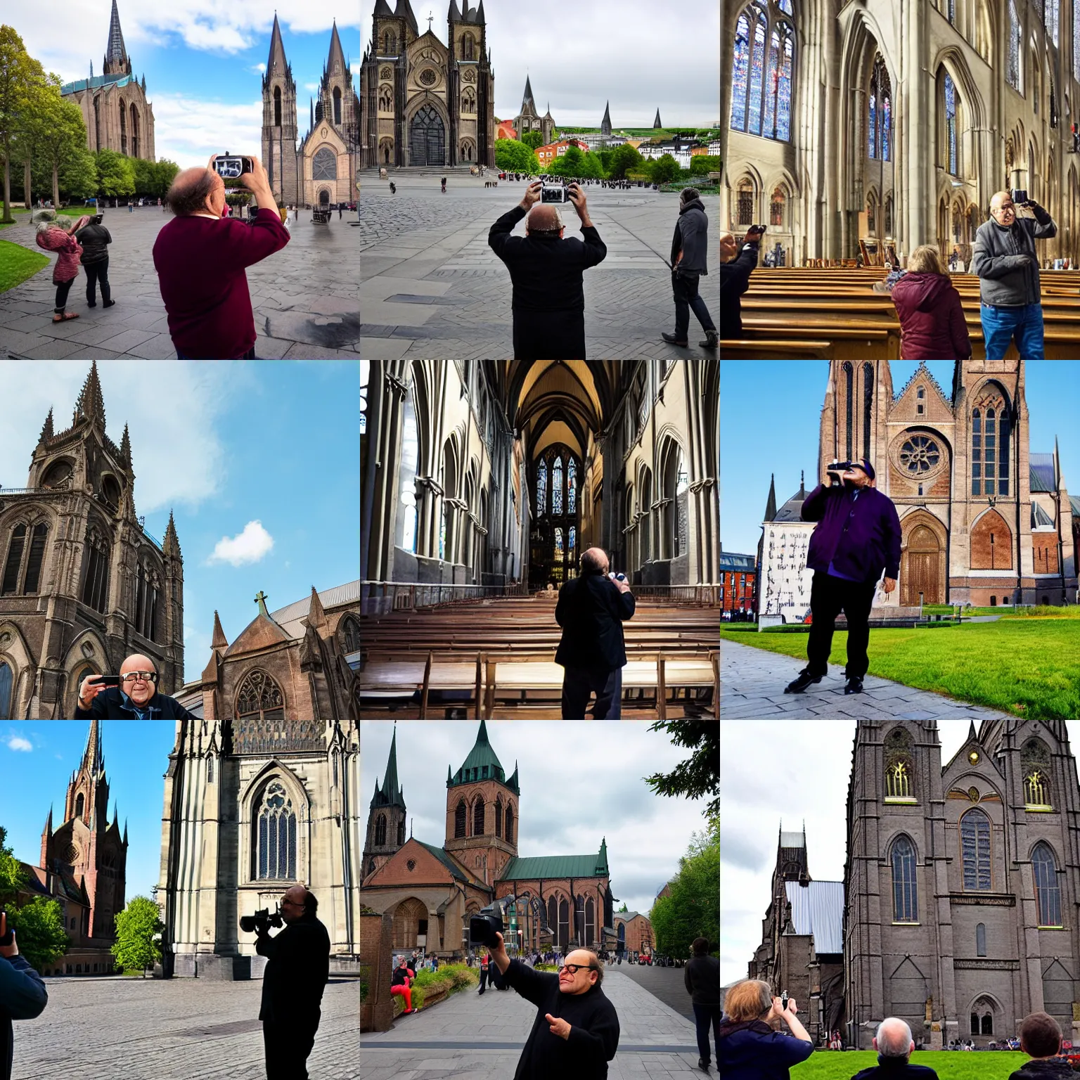 Prompt: Danny DeVito as a tourist taking pictures of the Nidaros Cathedral