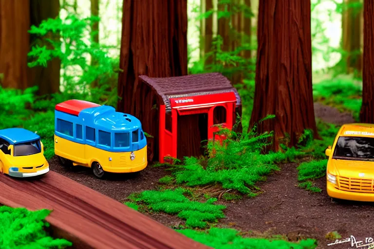 Image similar to fisher price redwood forest, california scene from tv show hyper detailed 5 5 mm 8 5 mm, toy photography, made out of plastic