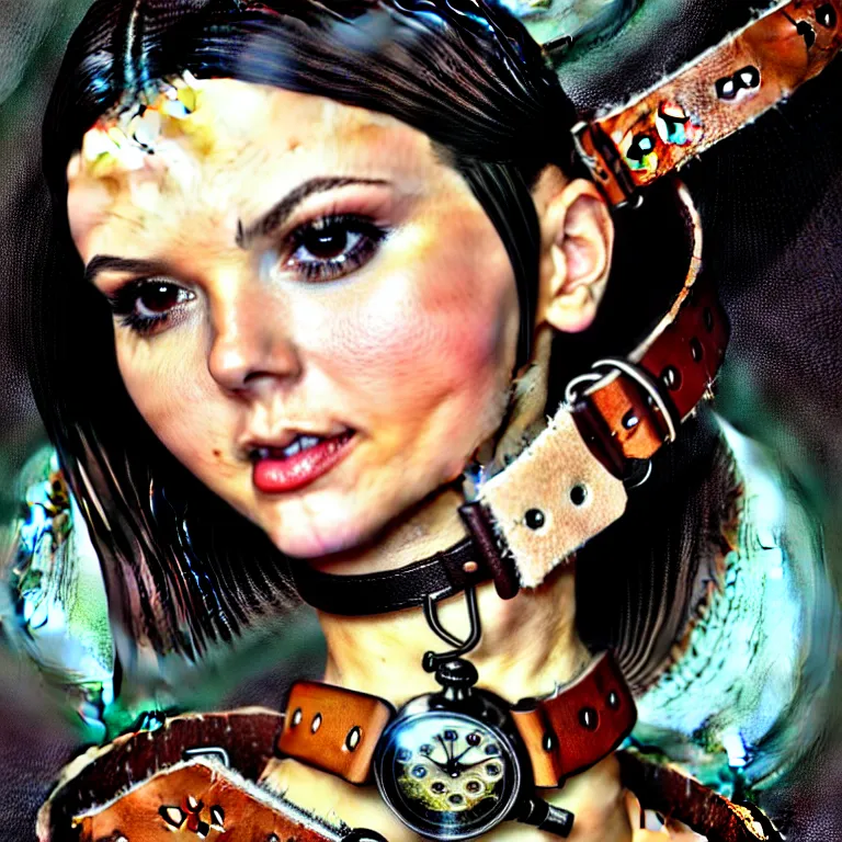 Prompt: bemused to be locked in a leather neck restraint Victoria Justice in a full frame zoom up of her face and neck looking upwards in a room of old ticking clocks, 16K resolution, complex artistic color ink pen sketch illustration, full detail, gentle shadowing, fully immersive reflections and particle effects, concept art by Artgerm, art by Range Murata, art by Studio Ghibli