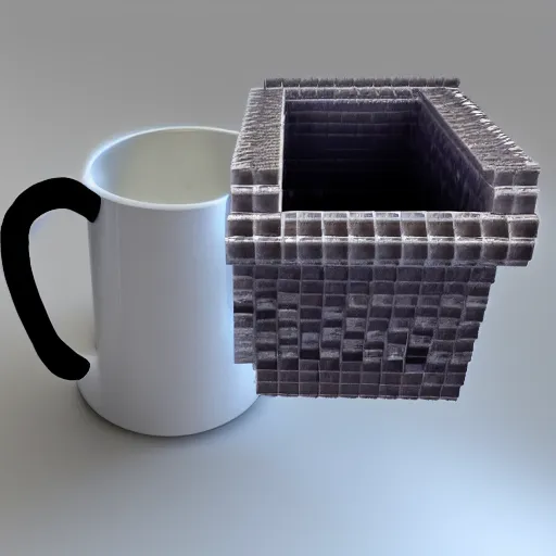 Image similar to a photo realistic mug shattering into voxel cubes.