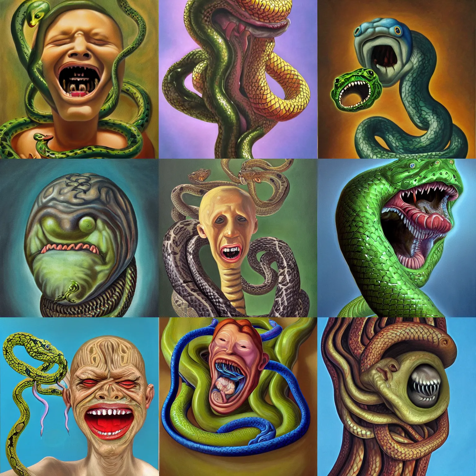 Prompt: A disembodied head screaming with snakes slithering out of its mouth, oil painting, surrealism style