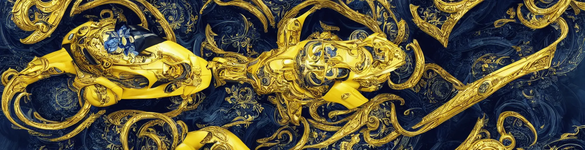 Image similar to black blue yellow porsche 9 1 1, complicated gold and blue flowers the baroque style decoration, dark fantasy, intricate, elegant, highly detailed, digital painting, artstation, concept art, matte, 3 d 8 k octane rendered, sharp focus, illustration, octane rendered, art by artgerm