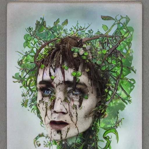 Image similar to a beautiful detailed front view portrait of a rotten woman corpse with fractal plants and fractal flowers growing around, volumetric light, beautiful lit, polaroid photography