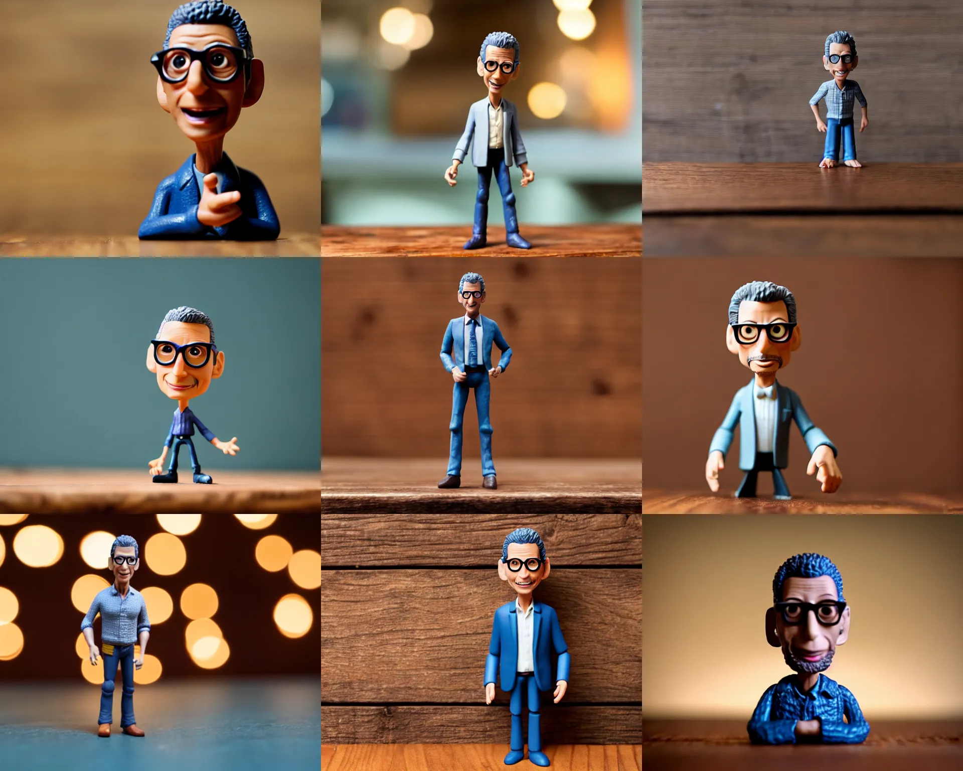 Prompt: jeff goldblum figurine by pixar sad bokeh on wooden table.