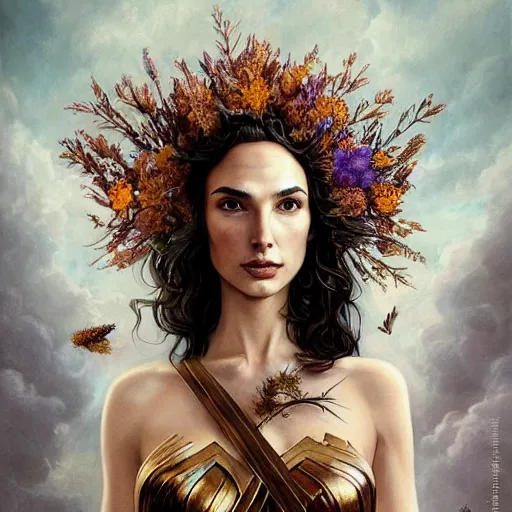 Prompt: fine art photo of the beauty goddess gal gadot, she has a crown of dried flowers, by peter mohrbacher - n 9
