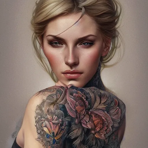 Image similar to ultra realistic illustration, a hot and beautiful tattooed blonde slavic woman in her 3 0's, intricate, elegant, highly detailed, digital painting, artstation, concept art, smooth, sharp focus, illustration, art by artgerm and greg rutkowski and alphonse mucha