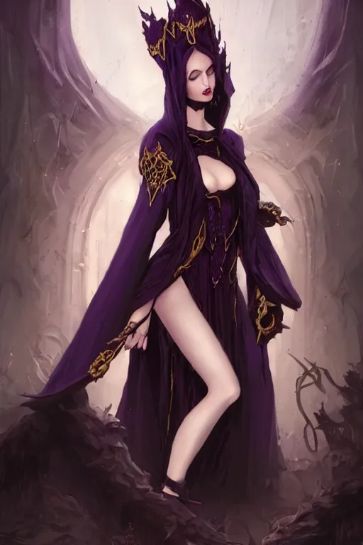 Prompt: Dark Fantasy portrait, Necromancer, female, gorgeous, beautiful face, dark garments, dark pruple robes, gold bracelet, Black cloak from neck to ankles, fishnets stockings, pin-up, shapely toned derriere, digital painting, illustration, by by Albert Aublet, Krenz Cushart, WLOP and Sakimichan, artstation