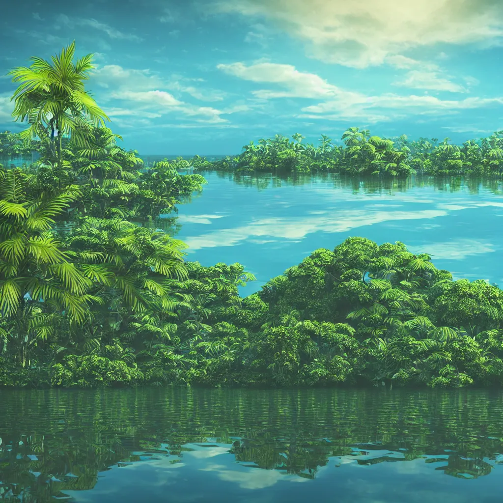 Image similar to island on a beautiful serene lake, ripples, tropical foliage intricate details, reflections, ripples, album cover, glowing sky, hyperdetailed illustration, octane render, low light