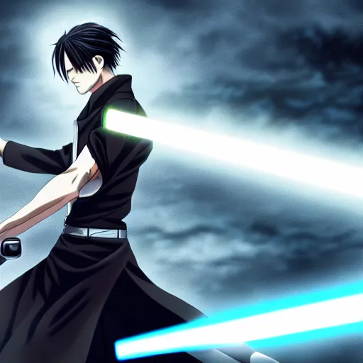 Image similar to Levi Ackerman in a fight using lightsabers, 4k wallpaper, handsome face, HD anime, realistic anime, rain aesthetic