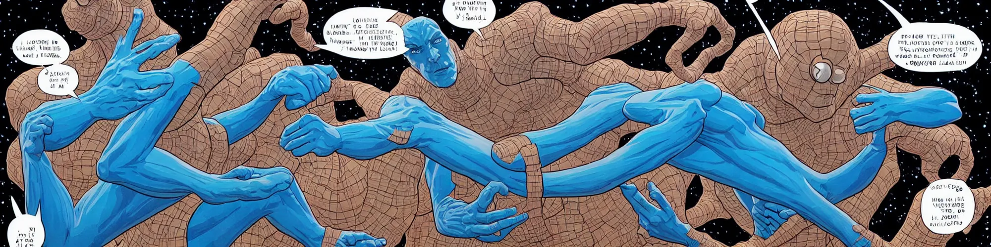 Image similar to mr. fantastic from the fantastic four showing off his weird limbs illustrated by james jean with very long hands and arms and fingers and legs and feet twirling and twisting around in a very high tech lab in space