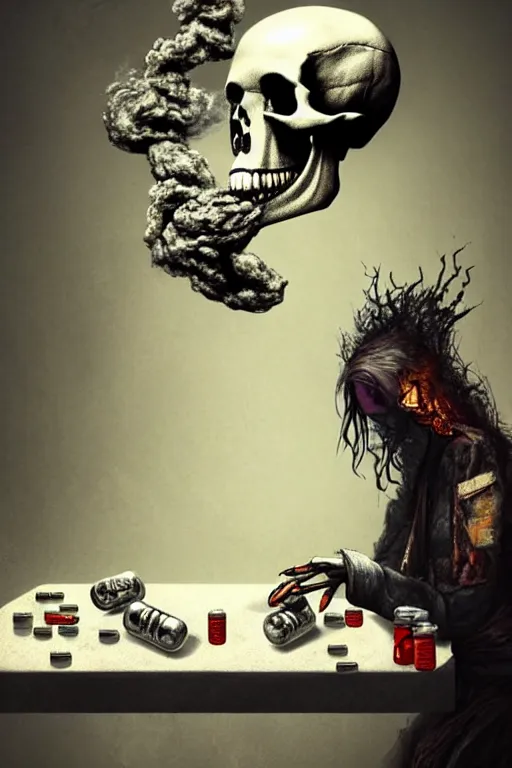 Prompt: pile Off pills and a skull on the table, skull made out of smoke coming out of pills, fantasy, intricate, elegant, highly detailed, digital painting, artstation, concept art, addiction, chains, backround as room full of garbage, smooth, sharp focus, illustration, art by Ilja Repin