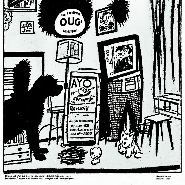 Image similar to a still frame from comic strip, black fluffy dog 1 9 5 0, herluf bidstrup, new yorker illustration, monochrome contrast bw, lineart, manga, tadanori yokoo, simplified,