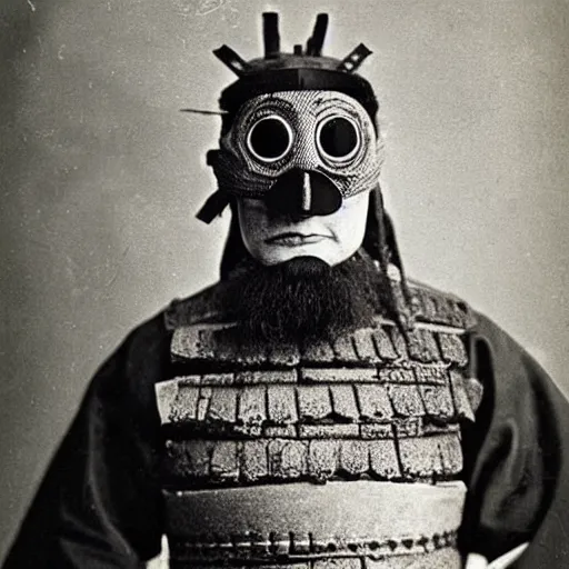 Prompt: samurai wearing a spongebob mask 1 8 0 0 s photograph