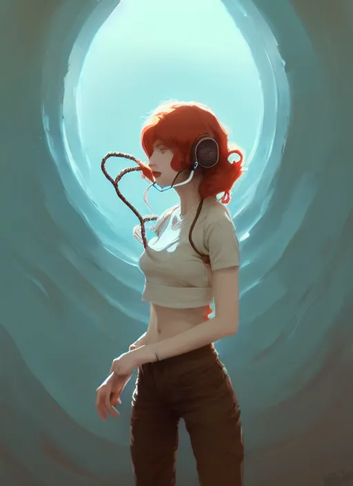 Prompt: beautiful artistic - wave highly detailed full body portrait female, with head phones, long red hair, perfect body anatomy, by atey ghailan, by greg rutkowski, by greg tocchini, by james gilleard, by joe fenton, by kaethe butcher, dynamic lighting, gradient light blue, brown, blonde cream and white color scheme, grunge aesthetic