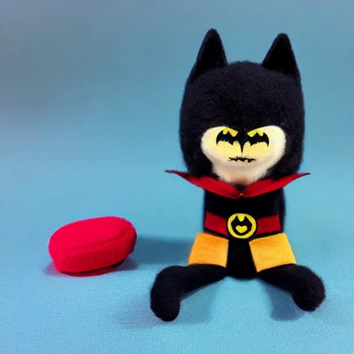 Prompt: cute sock puppet fox dressed as batman, kawai, wool, photorealistic, very detailed, eating crayons, 4 k