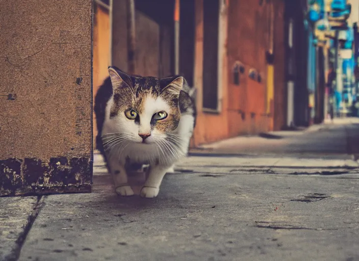 Image similar to photography of a Cat sitting on a box. in a cyberpunk street, award winning photo, saturated, colored, colors, 100mm, sharp, high res