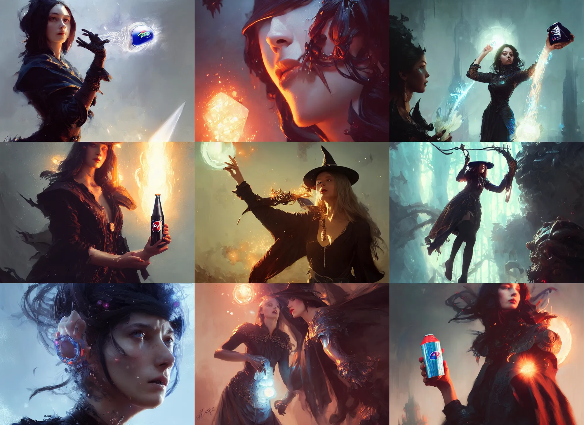Prompt: female witch advertising pepsi max, fantasy, intricate, sharp focus, lens flare, bloom, illustration, highly detailed, digital painting, concept art, matte, art by ruan jia and wlop and greg rutkowski, masterpiece