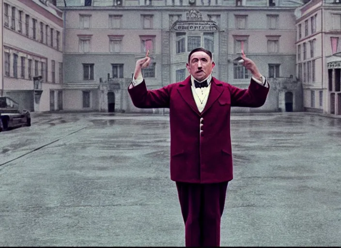 Image similar to a film still of a pompous adolf hitler in the grand budapest hotel ( 2 0 1 4 ) )