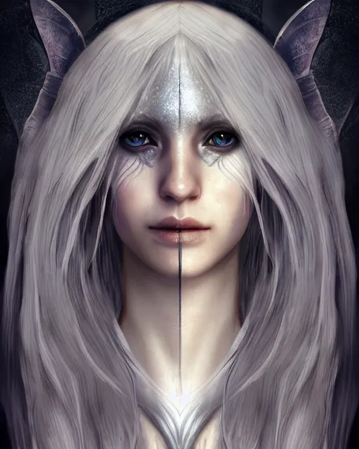 Image similar to portrait of a beautiful female elf with shimmering hair, symmetrical face and eyes, cgsociety, Elden Ring, Dark Souls, Bloodborne