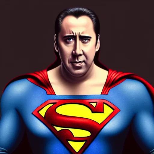 Image similar to portrait of nicolas cage as superman, intricate, elegant, highly detailed, digital painting, artstation, concept art, smooth, sharp focus, illustration, art by artgerm and greg rutkowski and alphonse mucha, 8 k