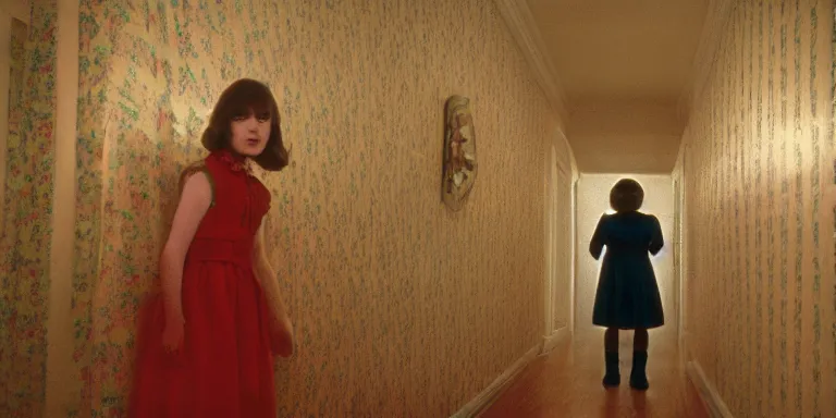 Image similar to photorealistic ultra wide cinematography of danny and wendy torrance from stanley kubrick's 1 9 8 0 film the shining, walking inside and navigating through the hedge labyrinth outside overlook hotel shot on 3 5 mm eastman 5 2 4 7 film by the shining cinematographer john alcott shot on a wide kinoptik tegea 9. 8 mm lens. with golden ratio composition