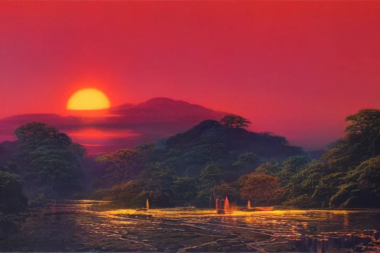 Image similar to awe inspiring bruce pennington landscape, digital art painting of 1 9 6 0 s, japan at night, red sunset, 4 k, 8 k, detailed