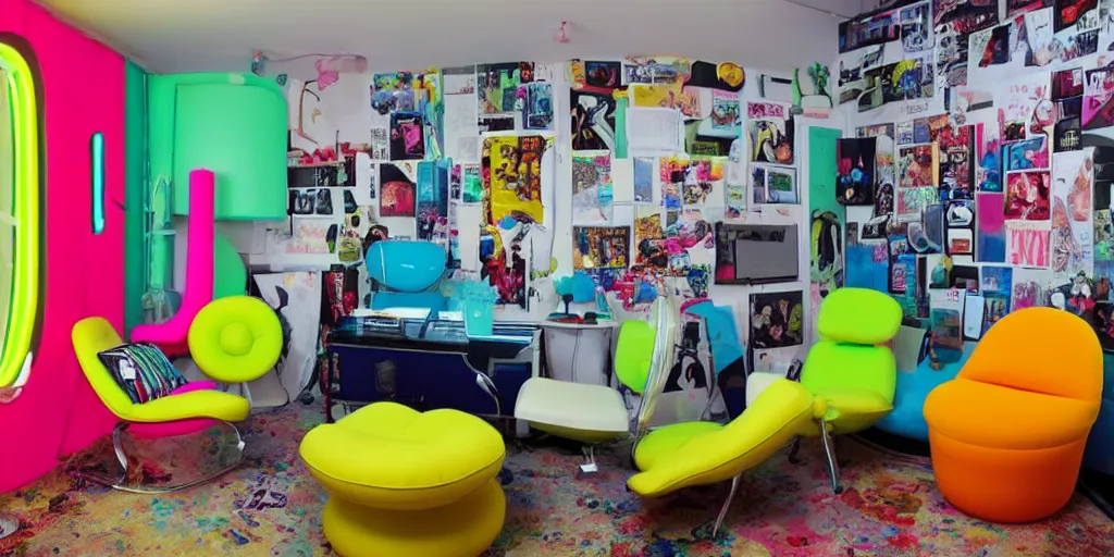 Prompt: a teens room in the 90s with inflatable neon chairs and posters on the walls, an old CRT in one corner