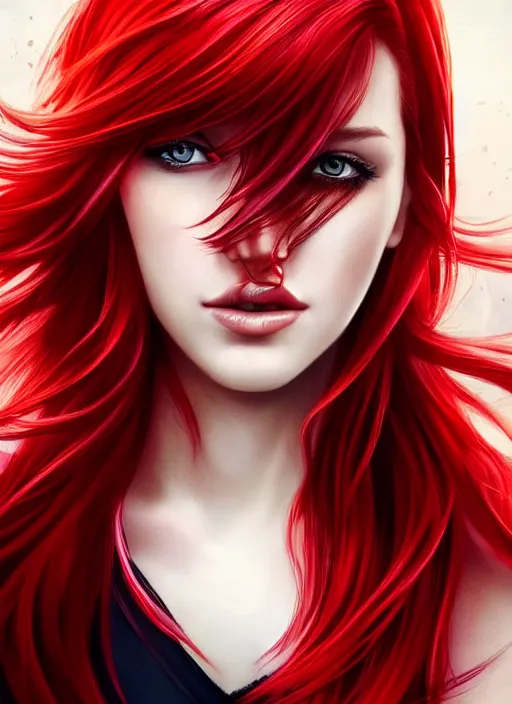 Image similar to photo of gorgeous woman with her right side hair dyed red and left side hair white in the style of stefan kostic, realistic, half body shot, sharp focus, 8 k high definition, insanely detailed, intricate, elegant, art by stanley lau and artgerm, foggy backgeound