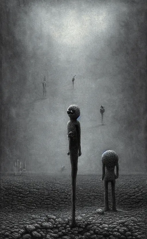 Image similar to spongebob squarepants in style of zdzisław beksinski, standing in wasteland, horror art, creepy, desolate