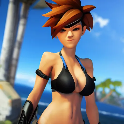 Image similar to tracer game character, in black bikini, blonde hair, black eyes, full height