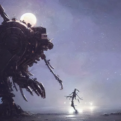 Prompt: A were-robot, howling at the Moon, fantasy art by Greg Rutkowski