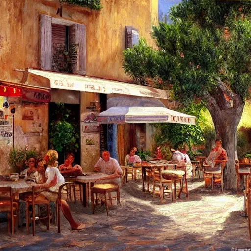 Image similar to a traditional pizzeria in the street of a small village on the riviera. a terrace in the shade of a hundred - year - old olive tree, a friendly atmosphere around pizzas and rose wine. dolce vita. unreal engine rendering, hyper realist, ultra detailed, oil painting, warm colors, happy, impressionism, da vinci,