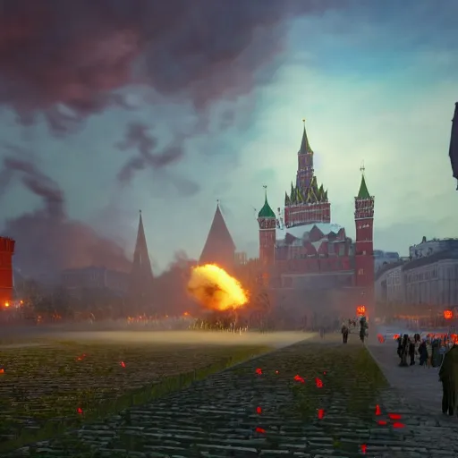 Image similar to huge explosion in Red Square Kremlin in the form of cotton plant, clubs of smoke are cotton plants, beautiful dynamic lighting, cinematic, establishing shot, extremely high detail, photo realistic, cinematic lighting, post processed, concept art, artstation, matte painting, style by frederic church, raphael lacoste, unreal engine 8k