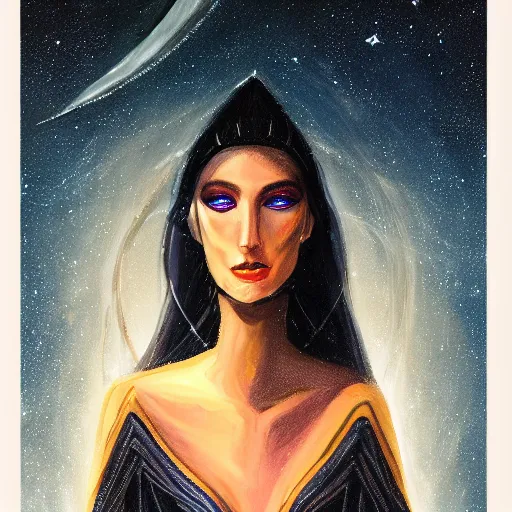 Prompt: the goddess Nyx cloaked in the night sky, highly detailed painting, trending on artstation