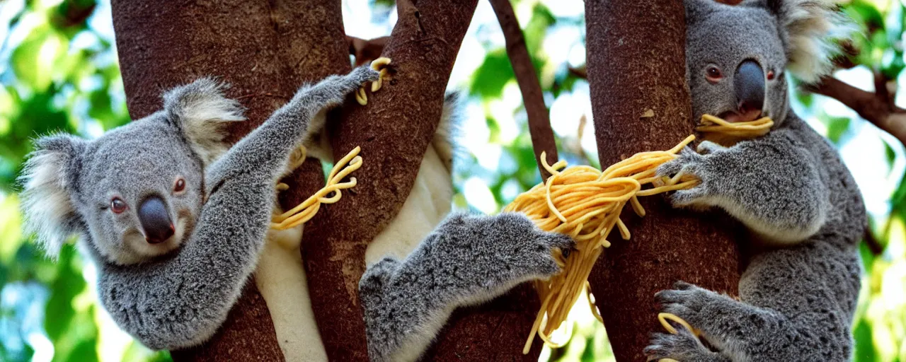 Prompt: 1 koala ( solo ), eating spaghetti from a tree, canon 5 0 mm, film, kodachrome, retro, muted