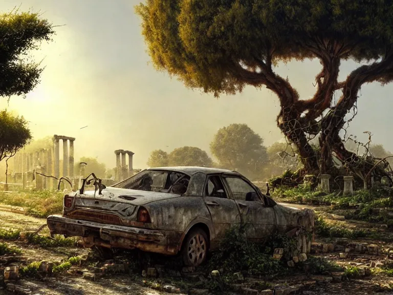 Prompt: a tree growing on a scrap car in ancient greek ruins, gray wasteland, many overgrown scrap cars, overgrown pillars and arches, vines, flowers, hyperrealistic, highly detailed, cinematic, ray of golden sunlight, beautiful, cgsociety, artstation, 8 k, oil painting by greg rutkowski, by artgerm, by wlop