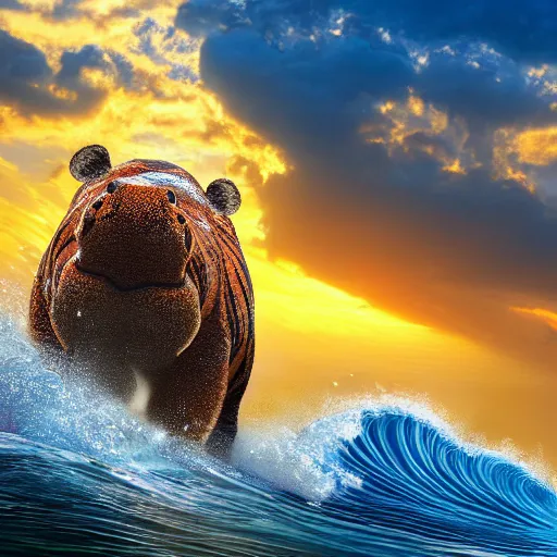 Image similar to a closeup photorealistic photograph of a cute smiling knitted tiger hippopotamus riding an epic wave at sunset. surf in the background. professional capture. brightly lit scene. this 4 k hd image is trending on artstation, featured on behance, well - rendered, extra crisp, features intricate detail, epic composition and the style of unreal engine.