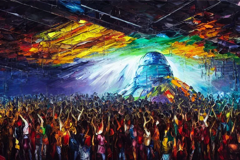 Prompt: palette knife oil painting of psychedelically lit exposed concrete walls, a crowd of clubbers, surrounding a cement fighting pit shaped like a satellite dish., extreme detail, artstation trending, artgerm, any racial background, deviant art, octane, substance, art history 8 k