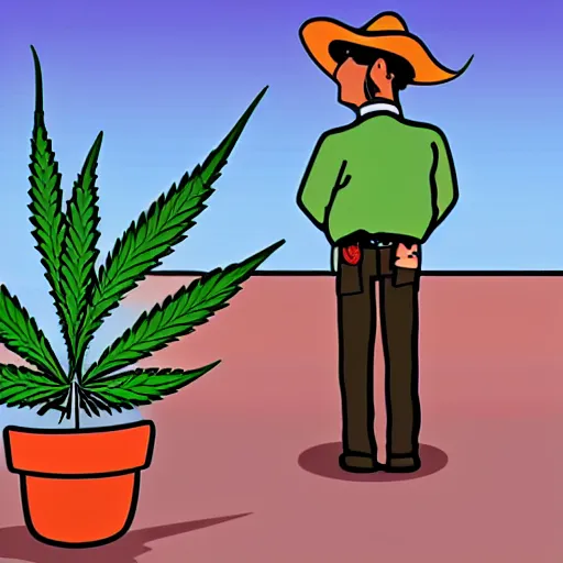 Image similar to an awkward and silly illustration of a cowboy admiring his cannabis plants while a rocket launches in the background