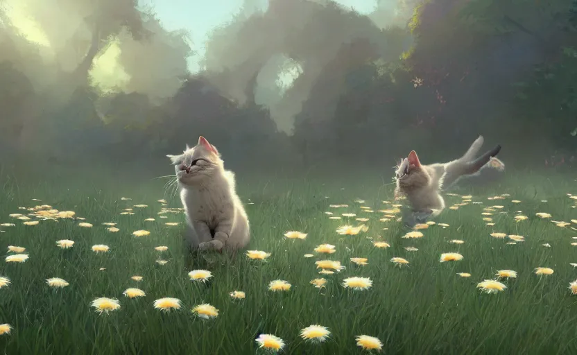 Image similar to cats and daisies, painting by craig mullins, octane rendering, soft morning lighting, wide angle lens, in the style of hayao miyazaki, trending on artstation,