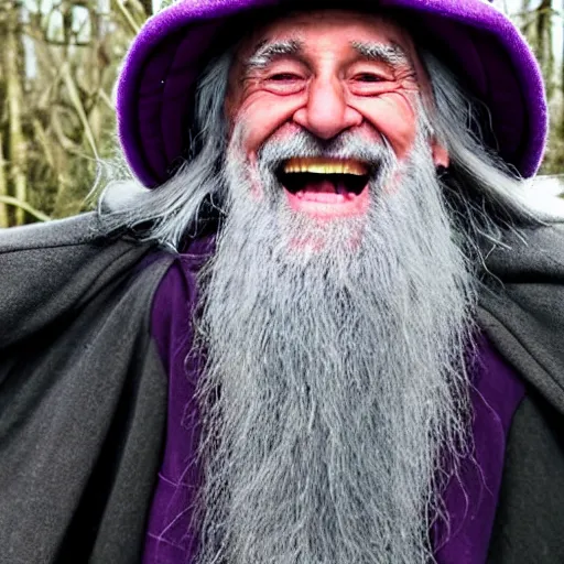 Image similar to an old bald druid wizard with bushy grey eyebrows, long grey hair and wearing a grey wizard hat, disheveled, wise old man, wearing a purple detailed coat, a bushy grey beard, sorcerer, he is a mad old man, laughing and yelling