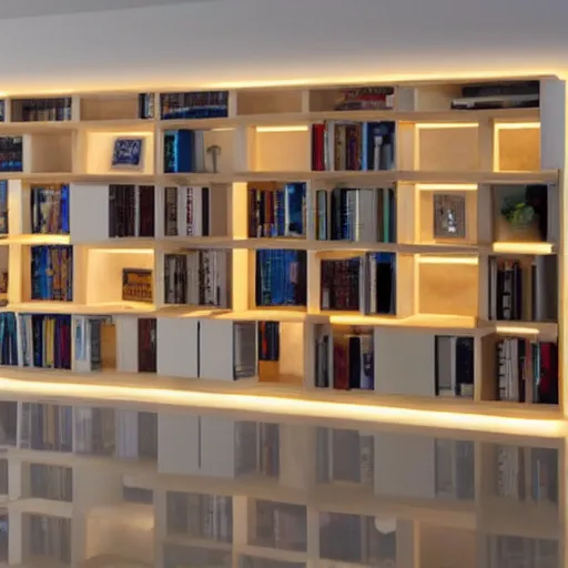 Prompt: wooden bookshelves with led strip lights, homes and gardens, super detailed render,