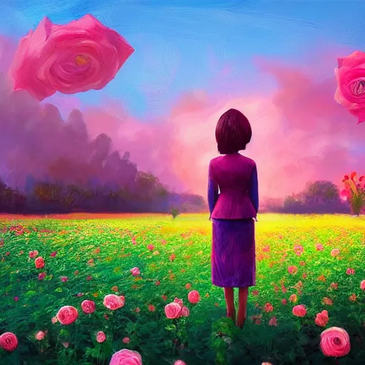 Image similar to giant rose as a head, girl standing in a flower field, surreal photography, sunrise dramatic light, impressionist painting, colorful clouds, digital painting, artstation, simon stalenhag