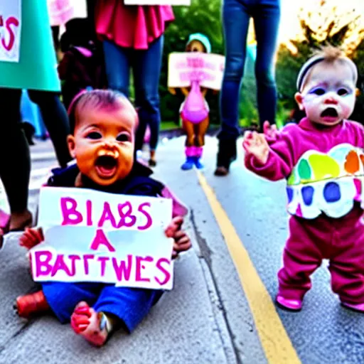 Image similar to babies protesting in front of a daycare center