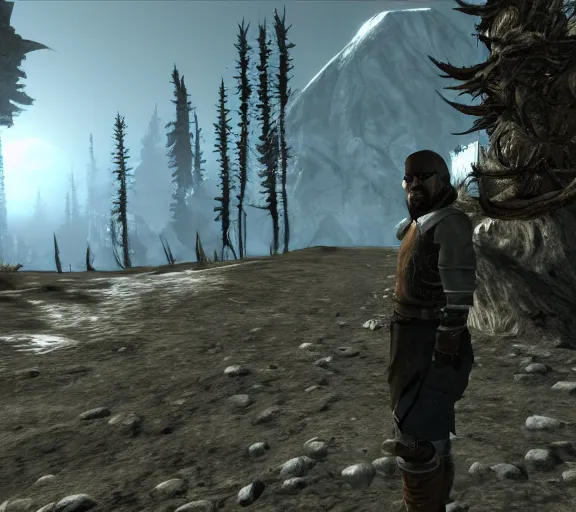 Prompt: walter white in skyrim, dialogue interaction, videogame screenshot, detailed, clean, symmetry, skyrim graphics