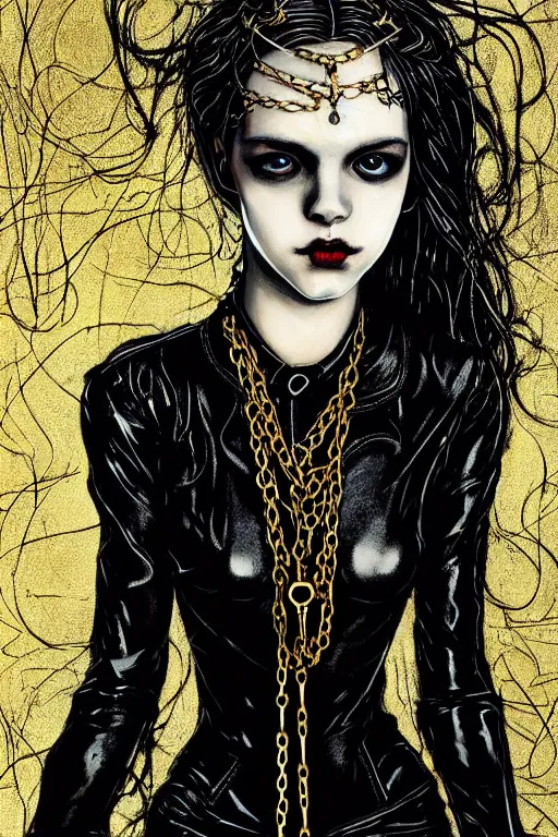 Image similar to dreamy gothic girl, black leather slim clothes, chains and raw gold, detailed acrylic, grunge, intricate complexity, by dan mumford and by alberto giacometti, peter lindbergh