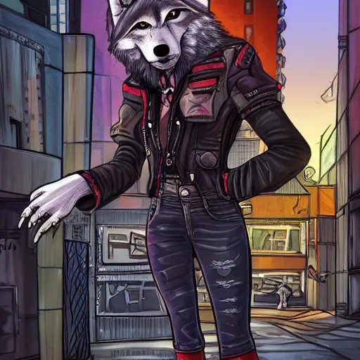Image similar to beautiful furry art portrait commission of a furry anthro wolf fursona wearing punk clothes in the streets of a cyberpunk city. character design by rick griffin, miles df